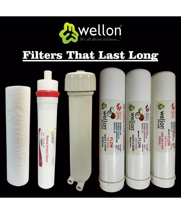 Wellon Replaceable Filter Kit (Inline Sediment, Inline Pre-Carbon, Inline Post Carbon, PP Sediment Filter, RO Membrane 100 GPD) Suitable for All Types of Water purifiers